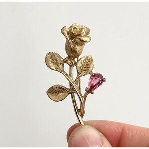 Avon Gold Rosebud Vintage Lavender Rhinestone Accented Gold T Floral Brooch